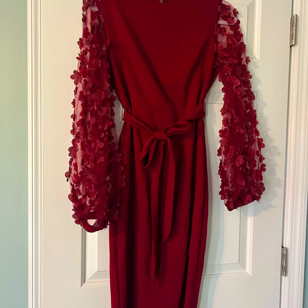 Deep Burgandy cocktail dress with Sheer floral sleeves